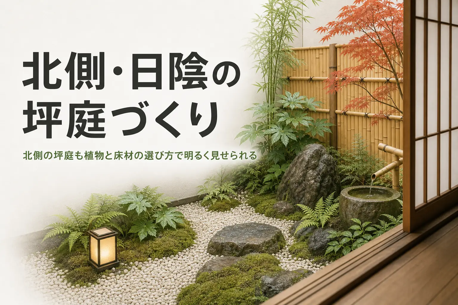 北側や日陰の坪庭づくりで合う植物と明るく見せる工夫を紹介する記事のアイキャッチ