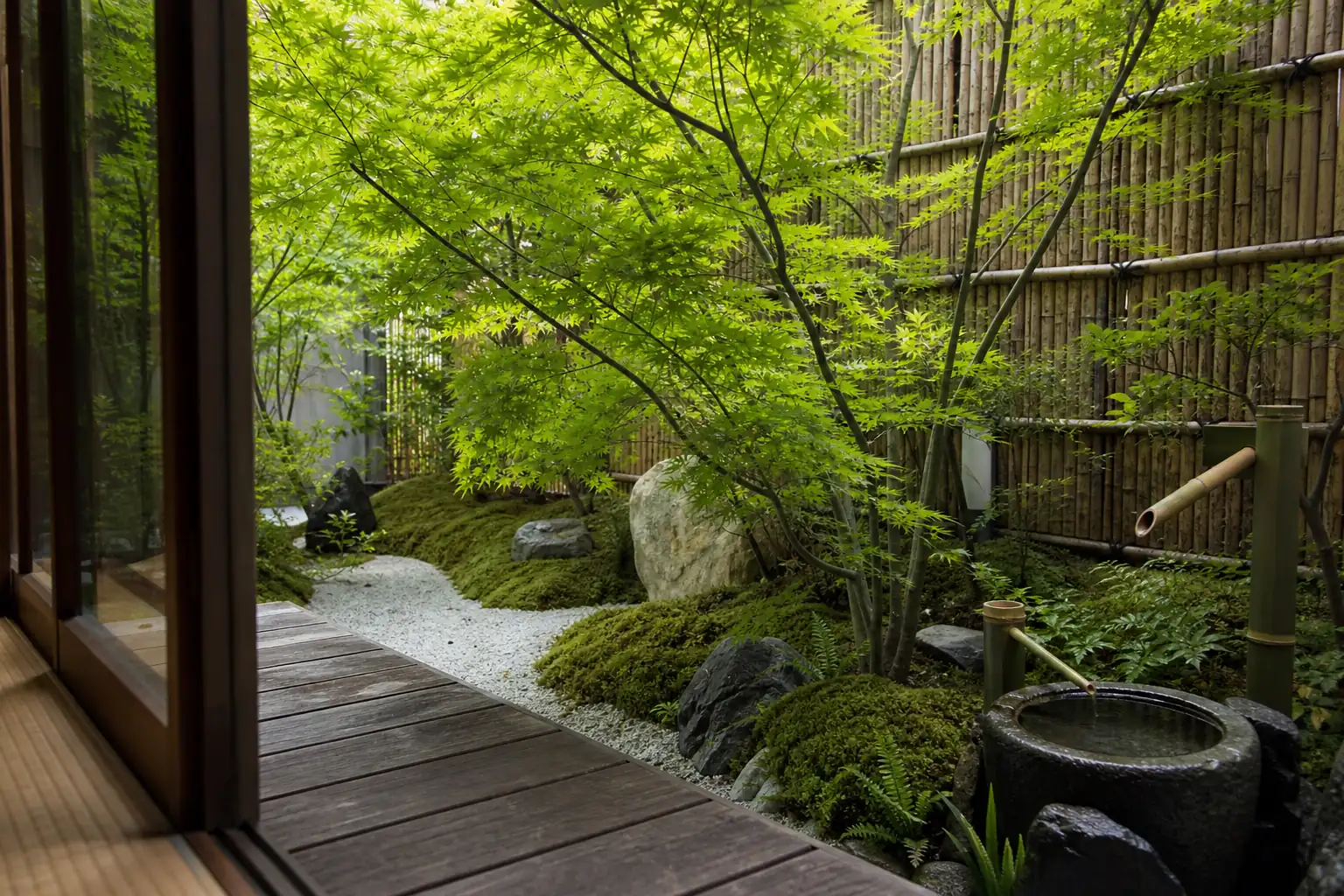 夏の坪庭で青葉が茂るイロハモミジと苔の景色