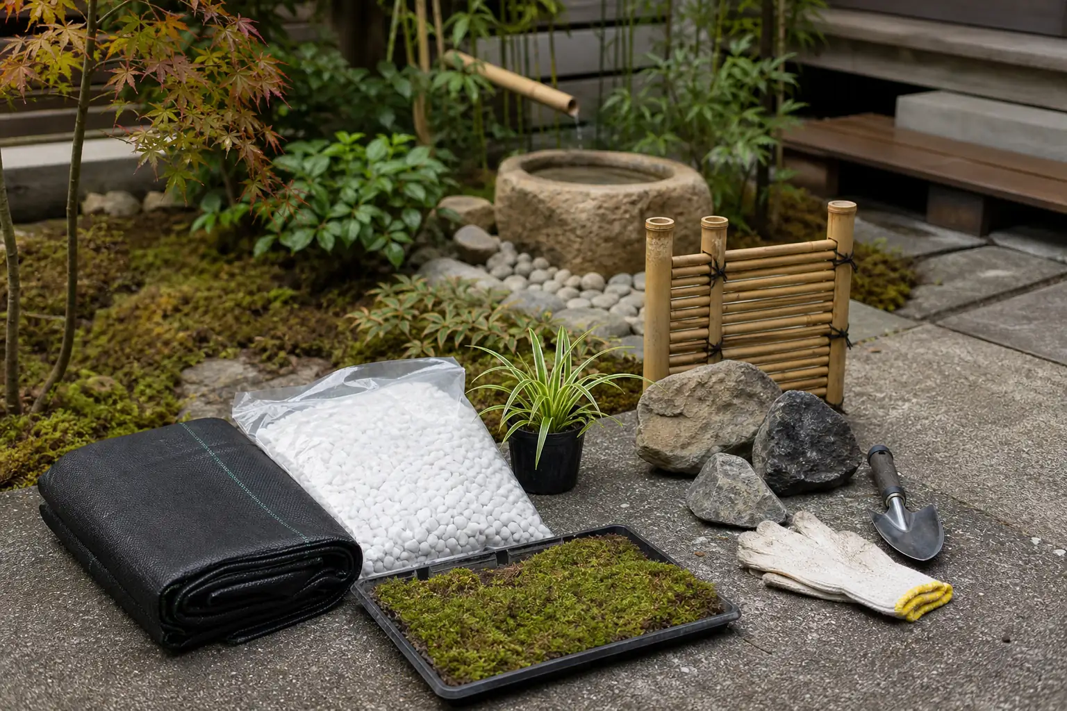 坪庭の手作りに使う砂利・石・苔・竹垣などの材料を並べた写真