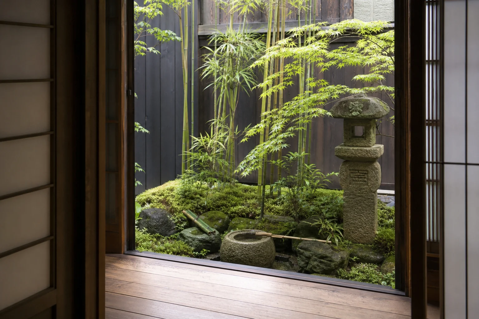町家の室内から眺めた、竹と苔と石灯籠でまとめた坪庭の景色