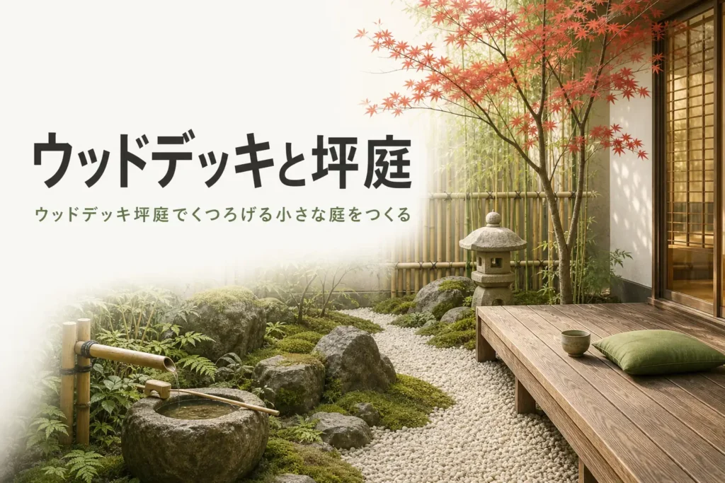 ウッドデッキの横に坪庭を組み合わせた庭を描いた、ウッドデッキ坪庭の記事のアイキャッチ